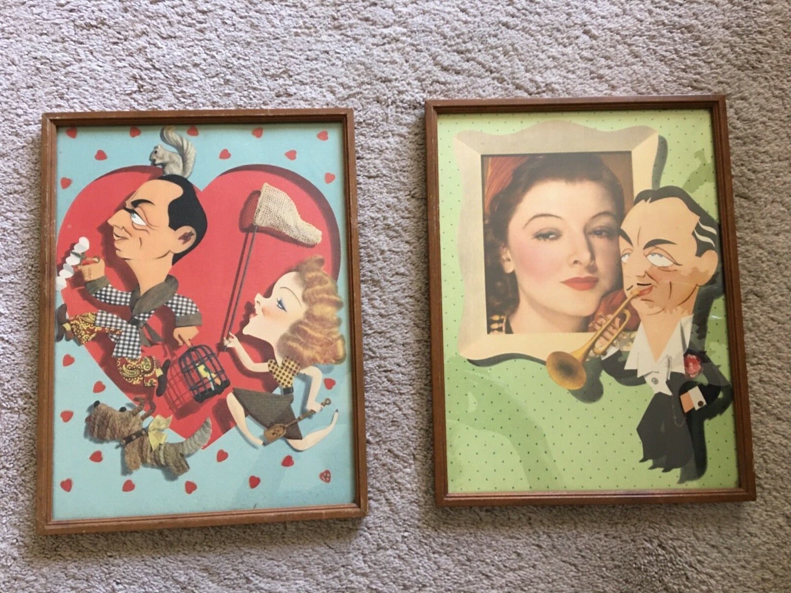 2 framed caricatures of Myrna Loy and William Powell from The Thin Man Movies