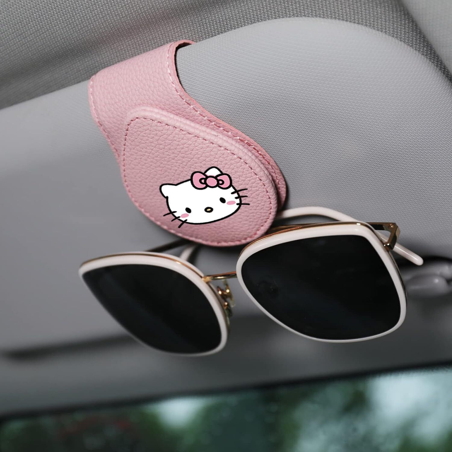 FLYEEGO Sunglass Holder for Car Visor, Hello Pink Cat Anime Cute Kitty Cat