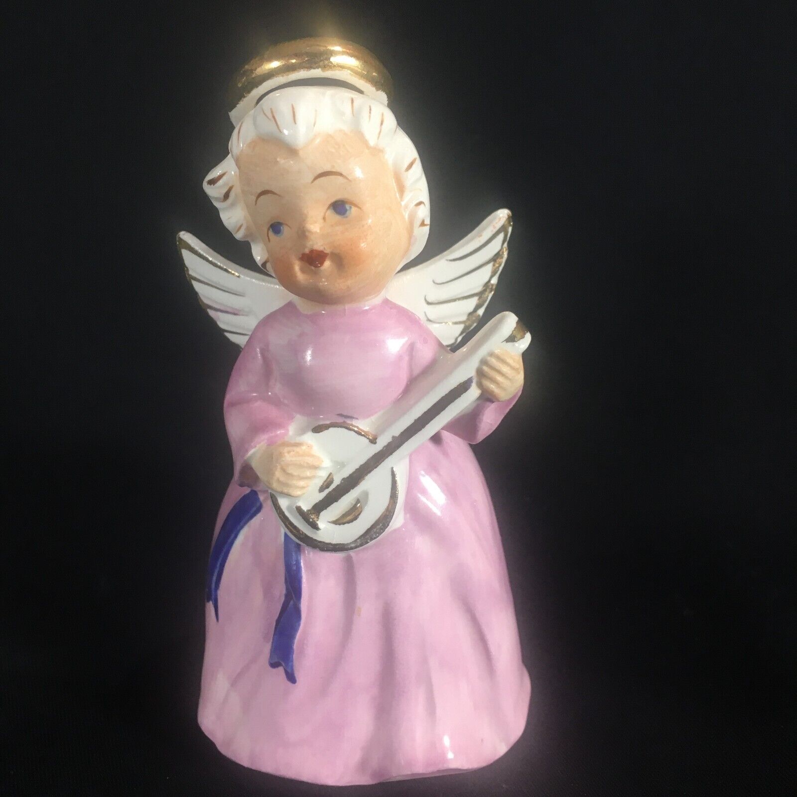 Vintage Angel Playing Mandolin Instrument Music 4-5/8” Figurine lilac gold Halo