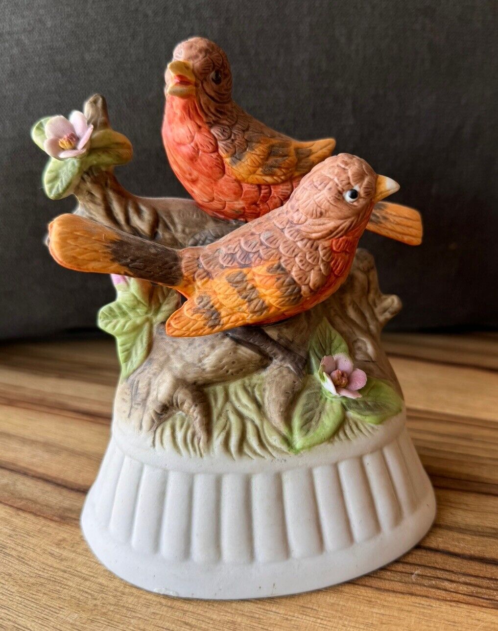 VINTAGE  MUSIC BOX BISQUE PAIR OF BIRDS ON A PINK FLOWER BRANCH PLAYS YESTERDAY