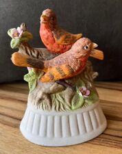 VINTAGE  MUSIC BOX BISQUE PAIR OF BIRDS ON A PINK FLOWER BRANCH PLAYS YESTERDAY picture