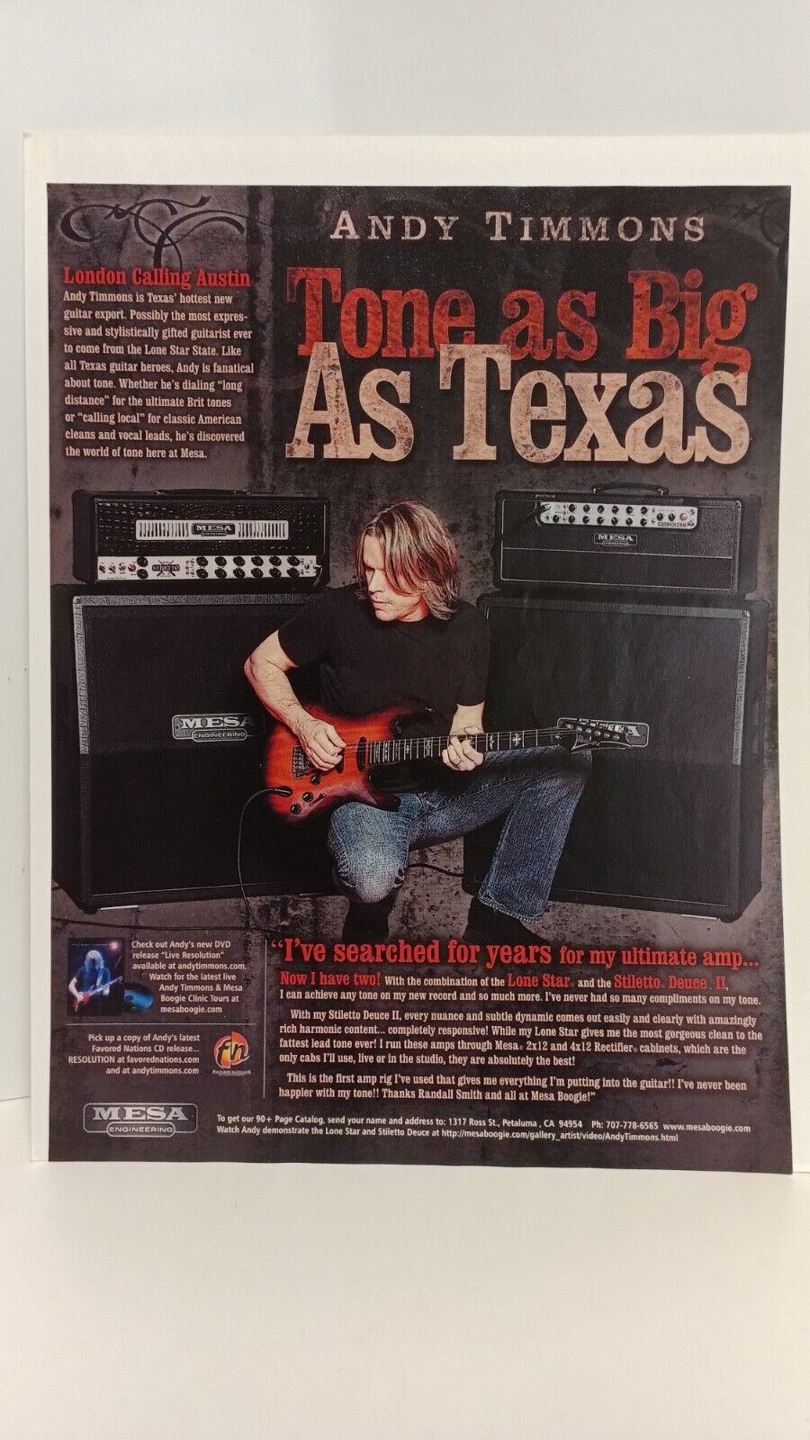 ANDY TIMMONS - MESA BOOGIE GUITAR AMPLIFIERS    11X8.5 - PRINT AD.  x4