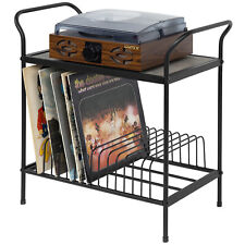 Gray Wood & Black Metal Turntable Stand w/ 14 Slot Vinyl Record Storage Holder picture