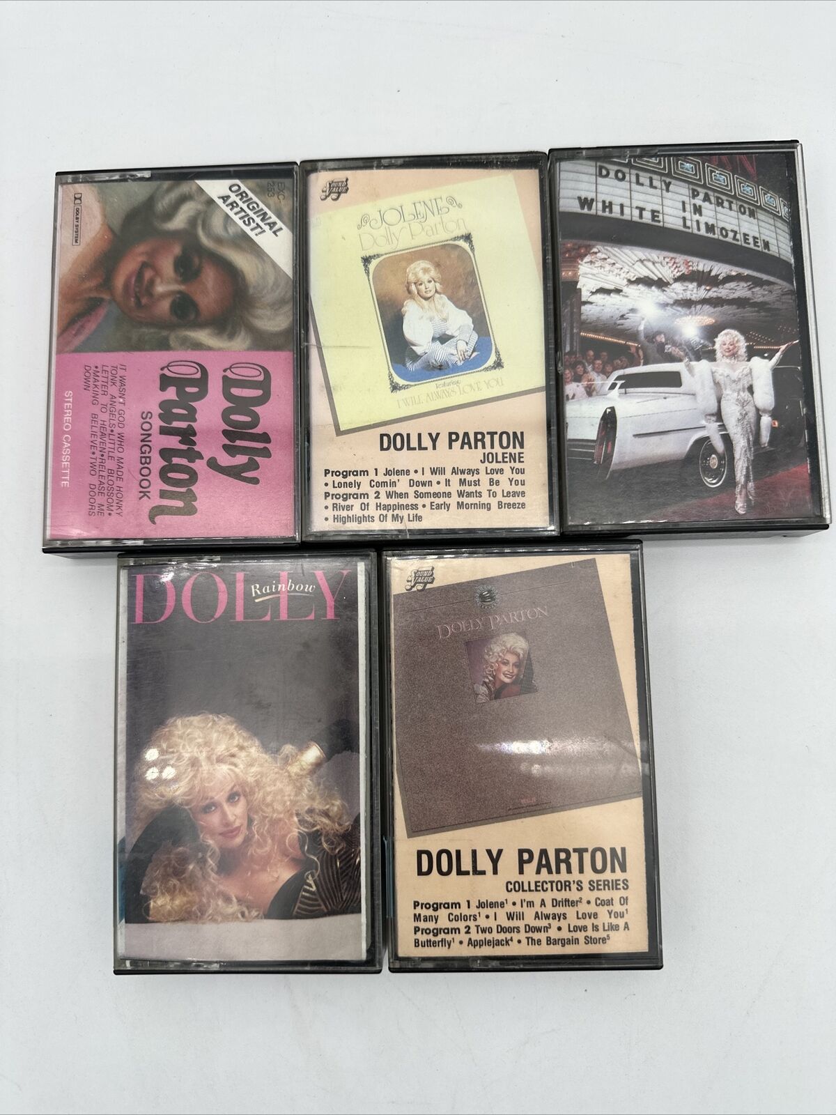 Dolly Parton-five cassettes. Song Books, Jolene, Rainbow, White Limozeen, Collec