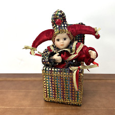 Vintage Jester Clown Inside Box Moving Porcelain Doll Music Box, Burgundy picture