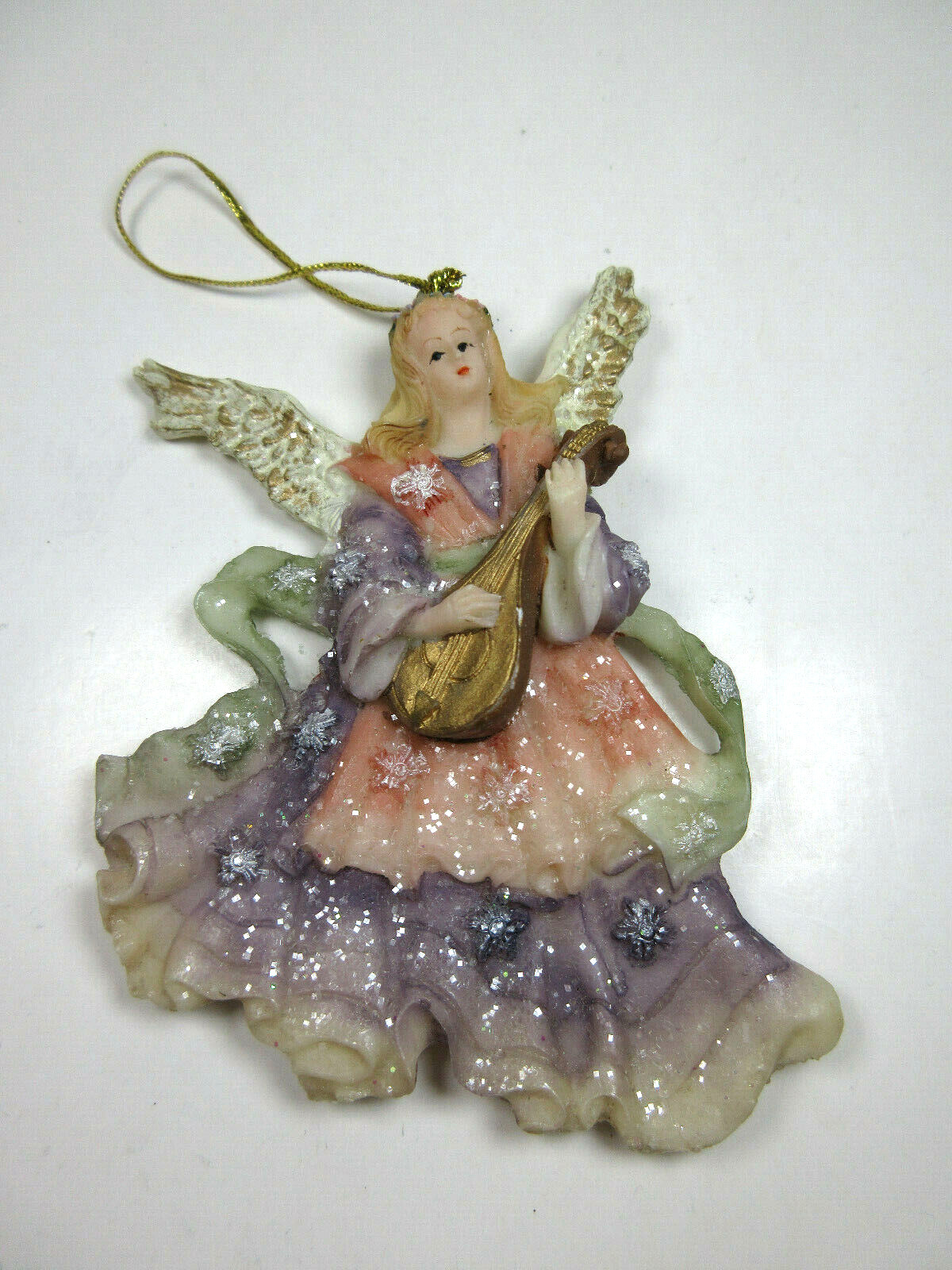 Vintage Christmas Tree Ornament Angel Playing Guitar Resin Glitter Pastel Colors
