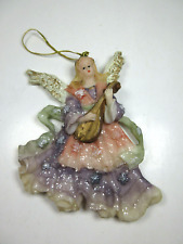 Vintage Christmas Tree Ornament Angel Playing Guitar Resin Glitter Pastel Colors picture