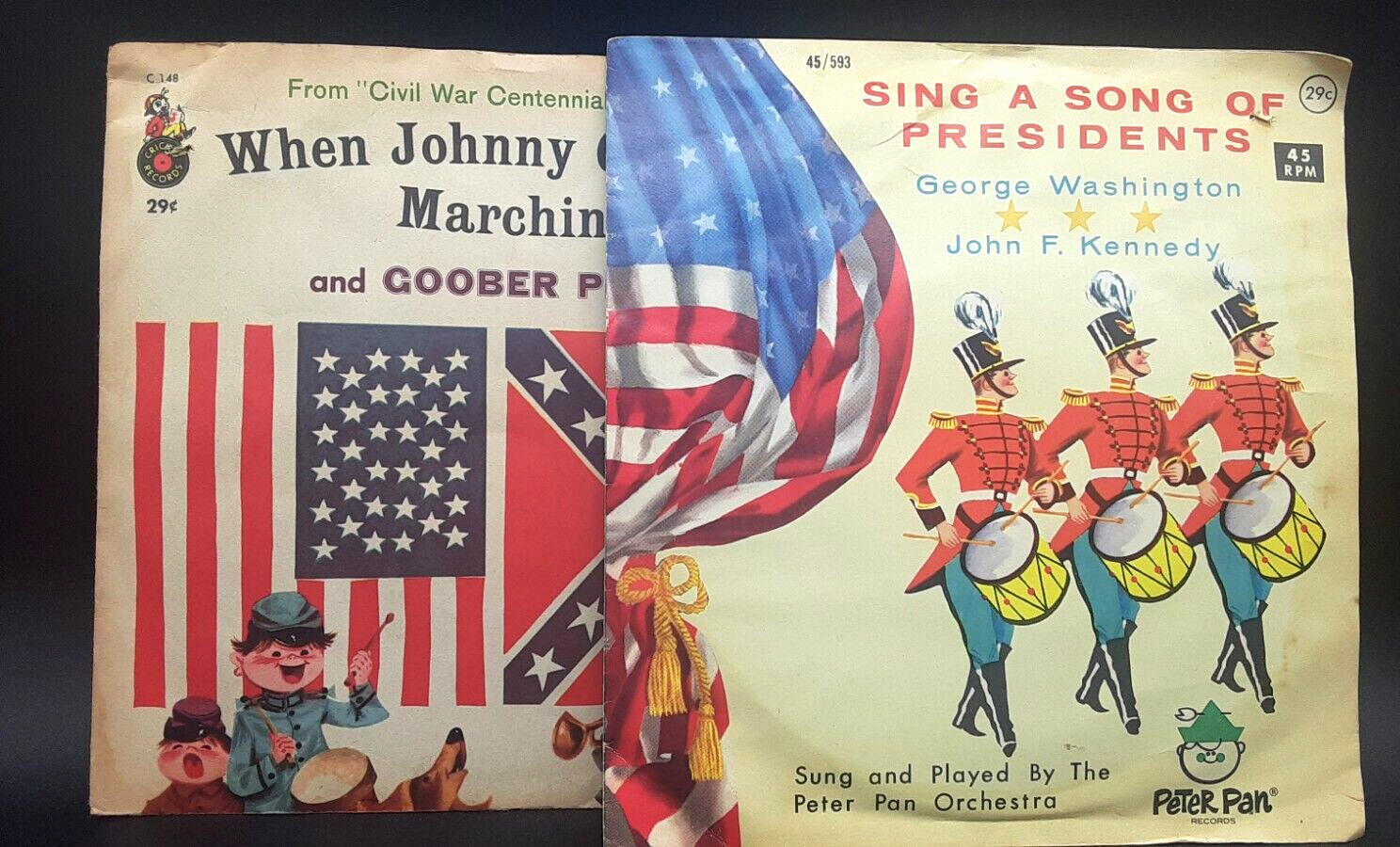 lot 2 Patriotic 45 RPM Children Vintage Record Johnny Marching Civil & President