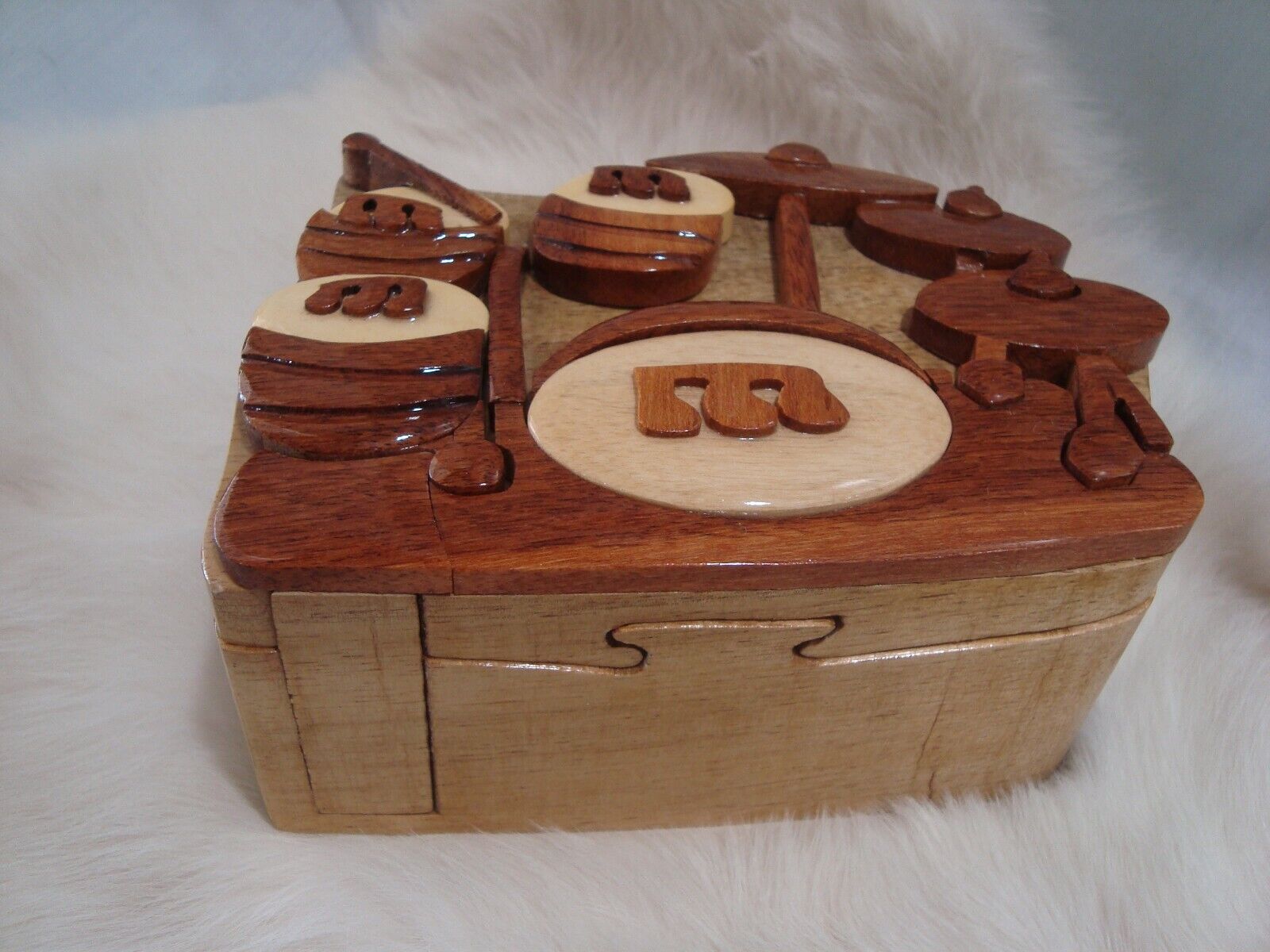 DRUM SET Wooden Secret Puzzle Trinket Box 4 piece Mahogany Music Gift NIB