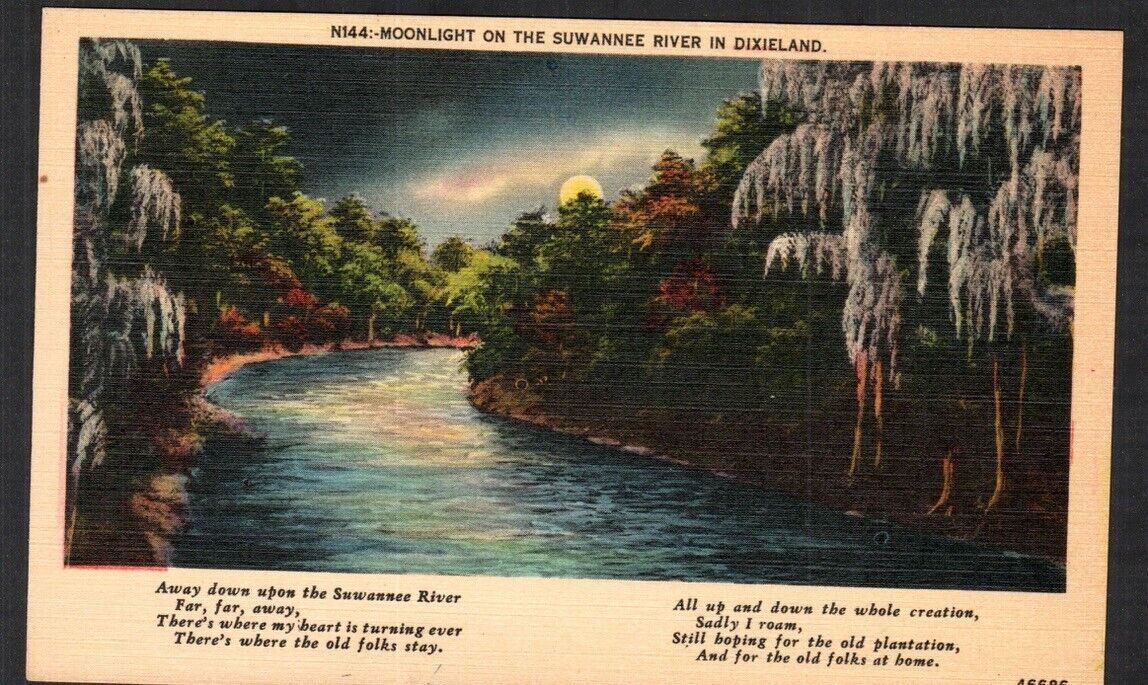 Suwannee River FL Postcard Moonlight View Stephen Foster Song Lyrics Linen