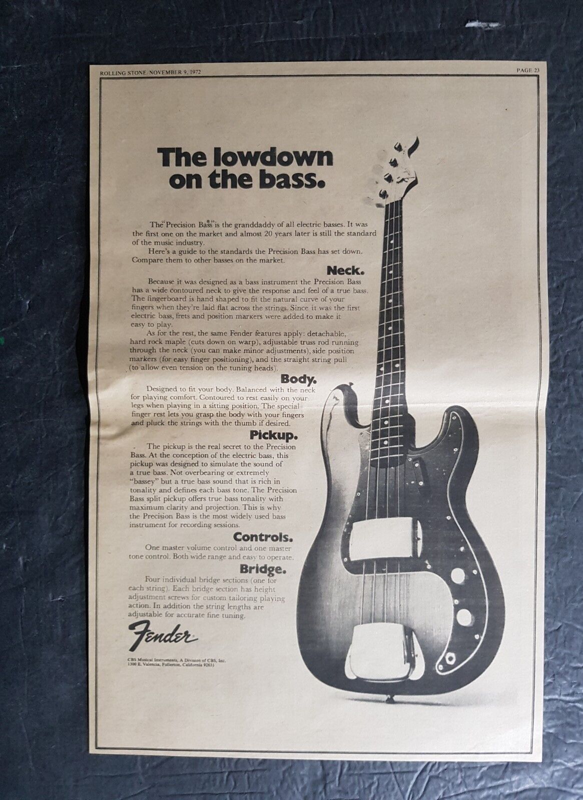 Fender Precision Bass Guitar Promo Print Advertisement Vintage 1972