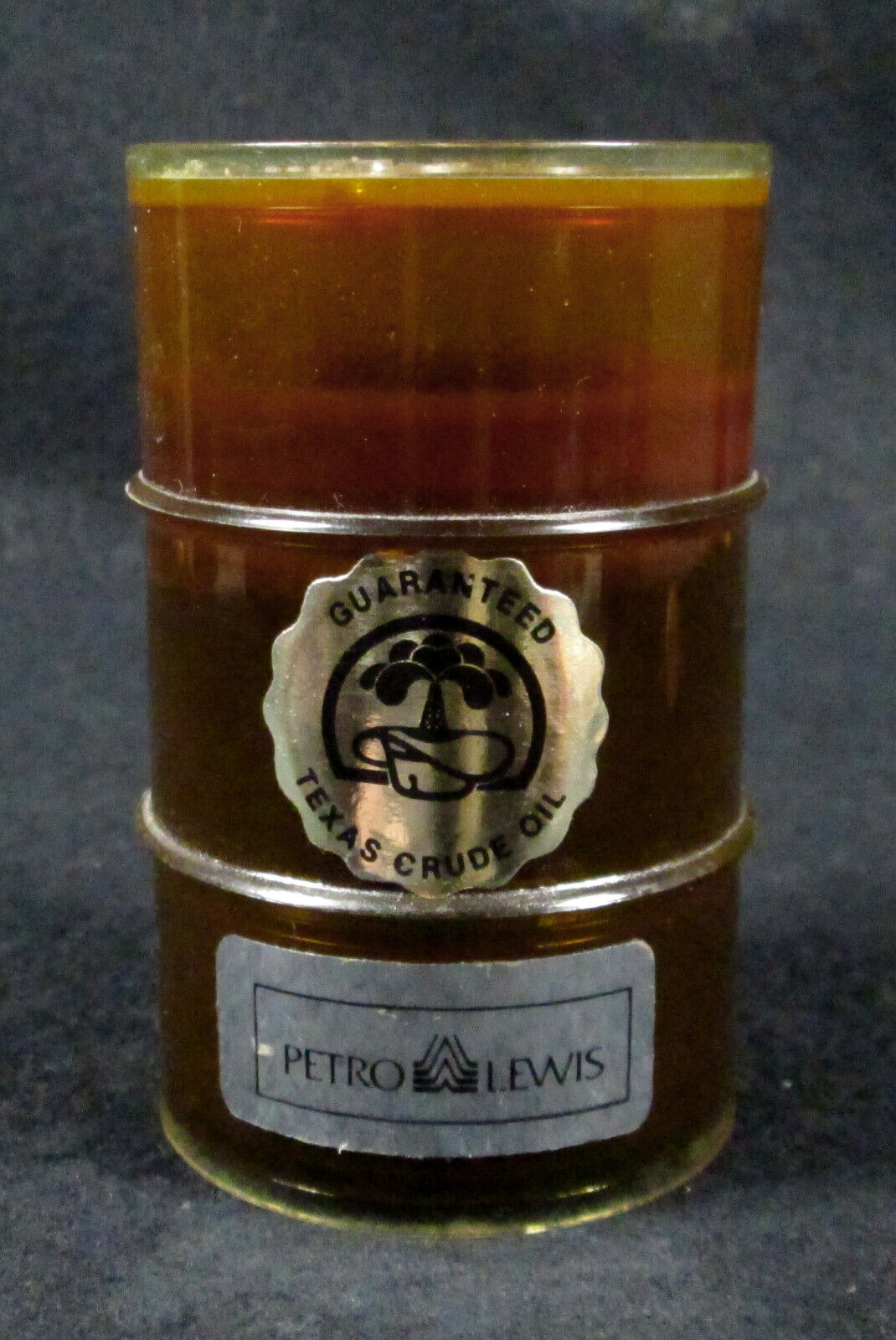 Vintage 1980s Genuine Petro-Lewis TEXAS CRUDE OIL in Plastic Drum Souvenir