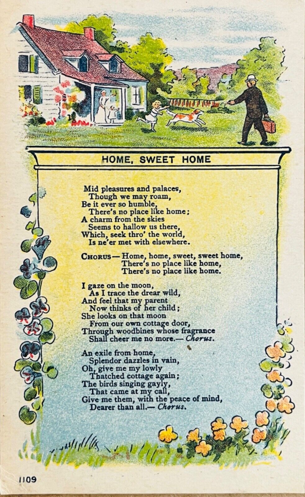 Antique Postcard Home Sweet Home Song Lyrics Family Scene Child Dog c1910