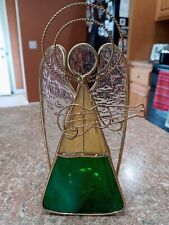 Vintage STAINED GLASS Green & Gold ANGEL Playing Guitar candle holder 7.5