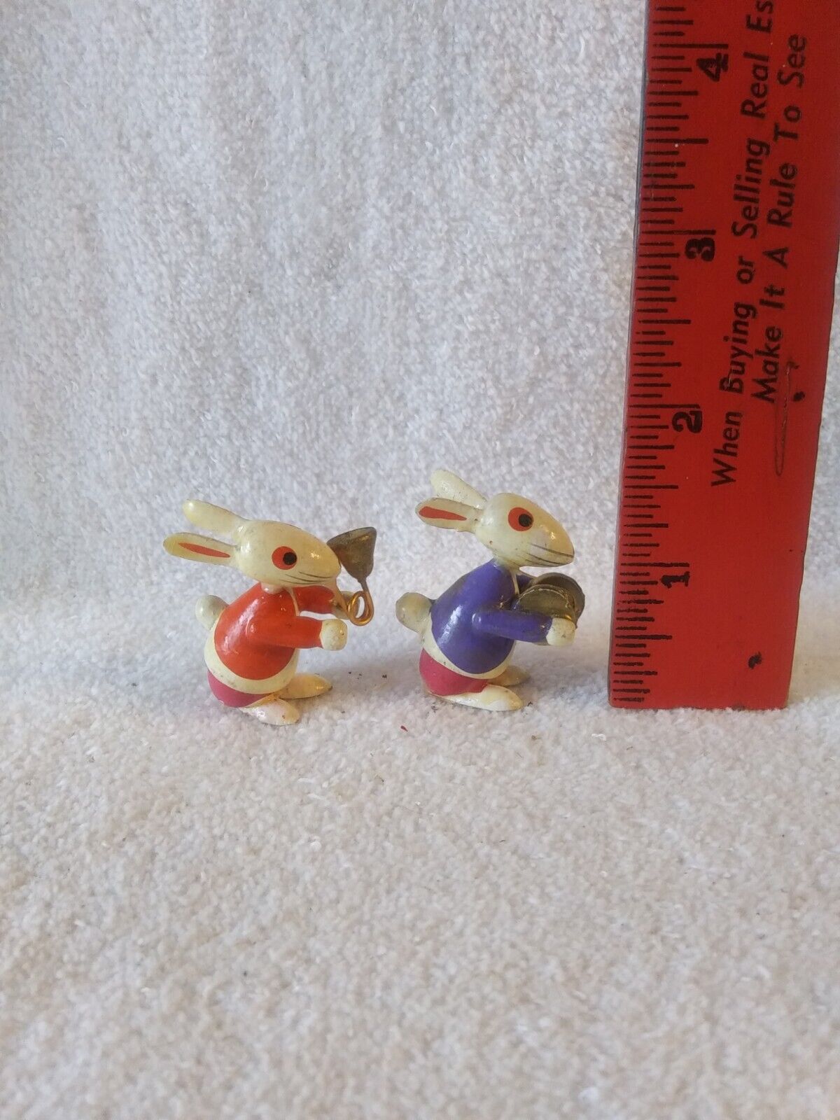 2 Vintage Wood Bunny Band Figurines Easter Rabbits Musical Miniatures 