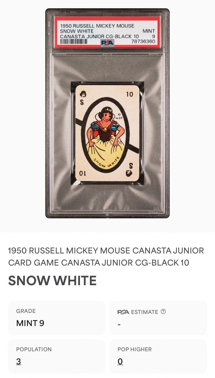 RARE VINTAGE 1950s RUSSELL MICKEY MOUSE SNOW WHITE CANASTA CARD PSA 9 MINT