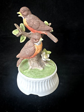 Vintage Sanyo Porcelain Robins Birds Figurine Music Box picture