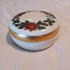 2001 Vintage Lefton Christmas Poinsettia Music Trinket Box Porcelain picture