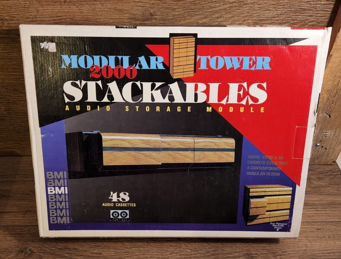 Vintage BMI  Woodgrain Audio Cassette Cabinet 48 Tapes NOS open box