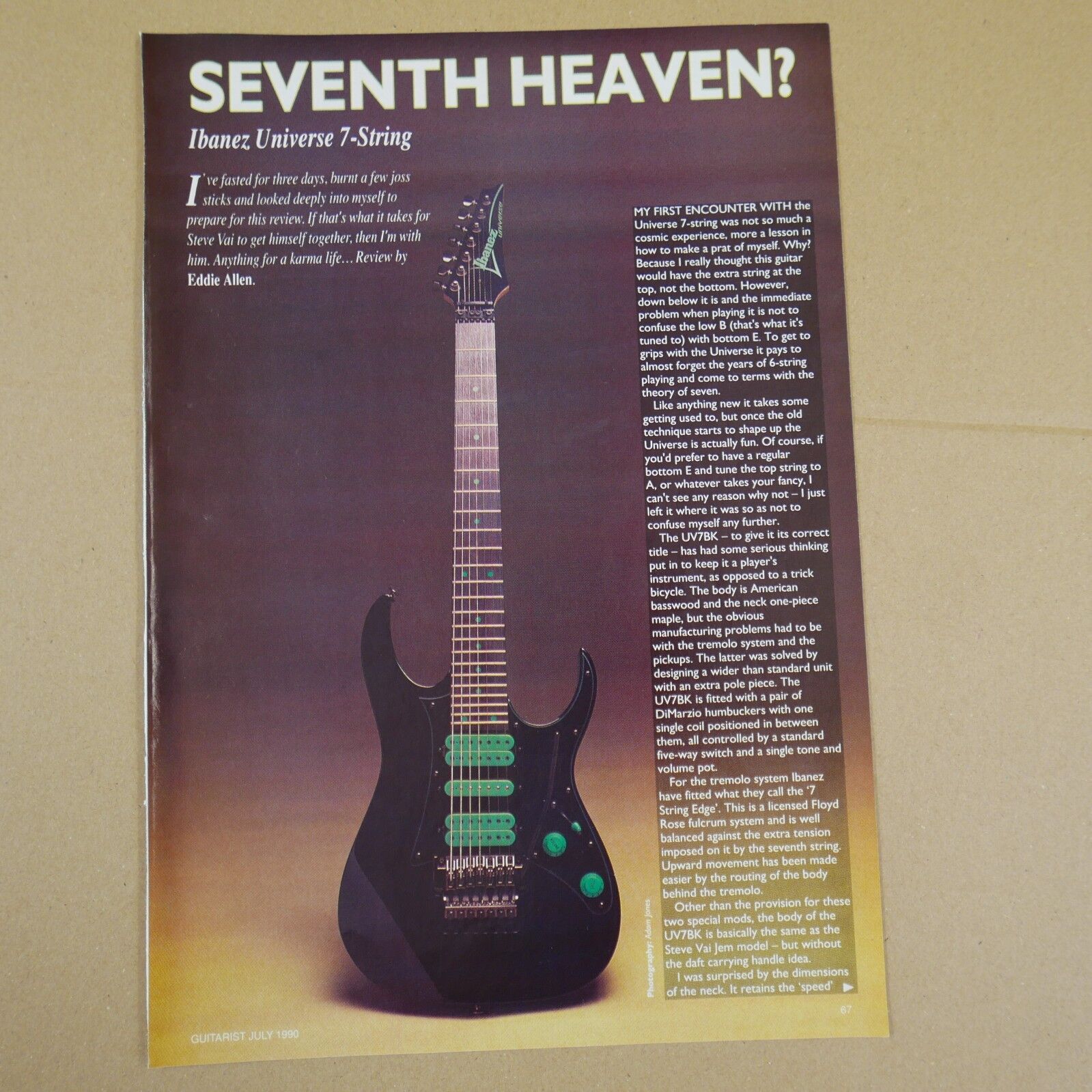 vintage 8x11 magazine cutting IBANEZ UNIVERSE 7 STRING review , 1990 , 2 sides