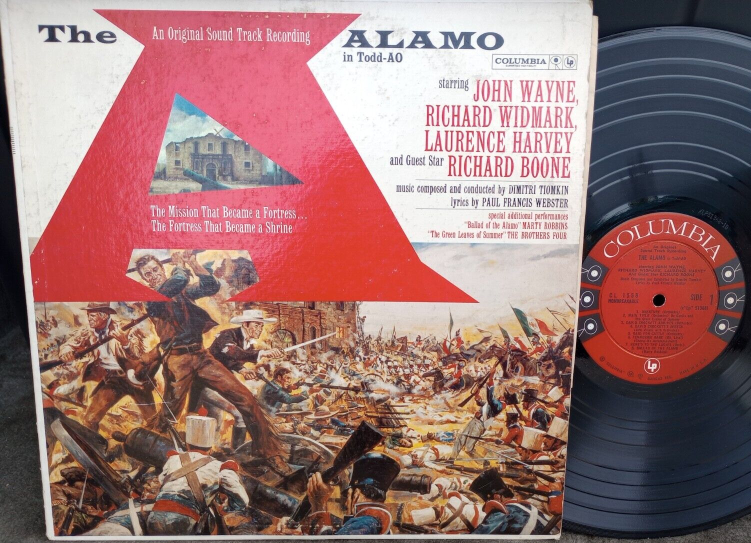 SOUNDTRACK LP, ALAMO,	JOHN WAYNE,	CL-1558, VG+, Spin Cleaned 