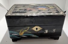 Vintage Black Wooden Jewelry Music Box Mirror Twirling Ballerina Floral Japan picture