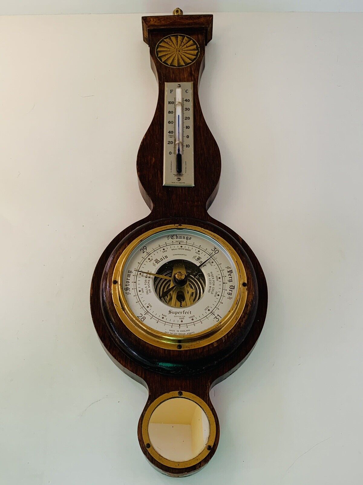 Antique Superfect Mahogany Banjo Style Wall Barometer/Temperature Station 20” H
