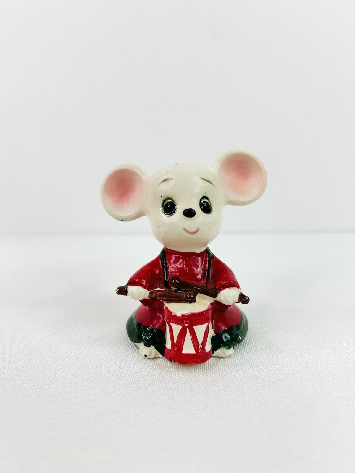 Lefton Christmas Ceramic Mouse Playing Drums Red