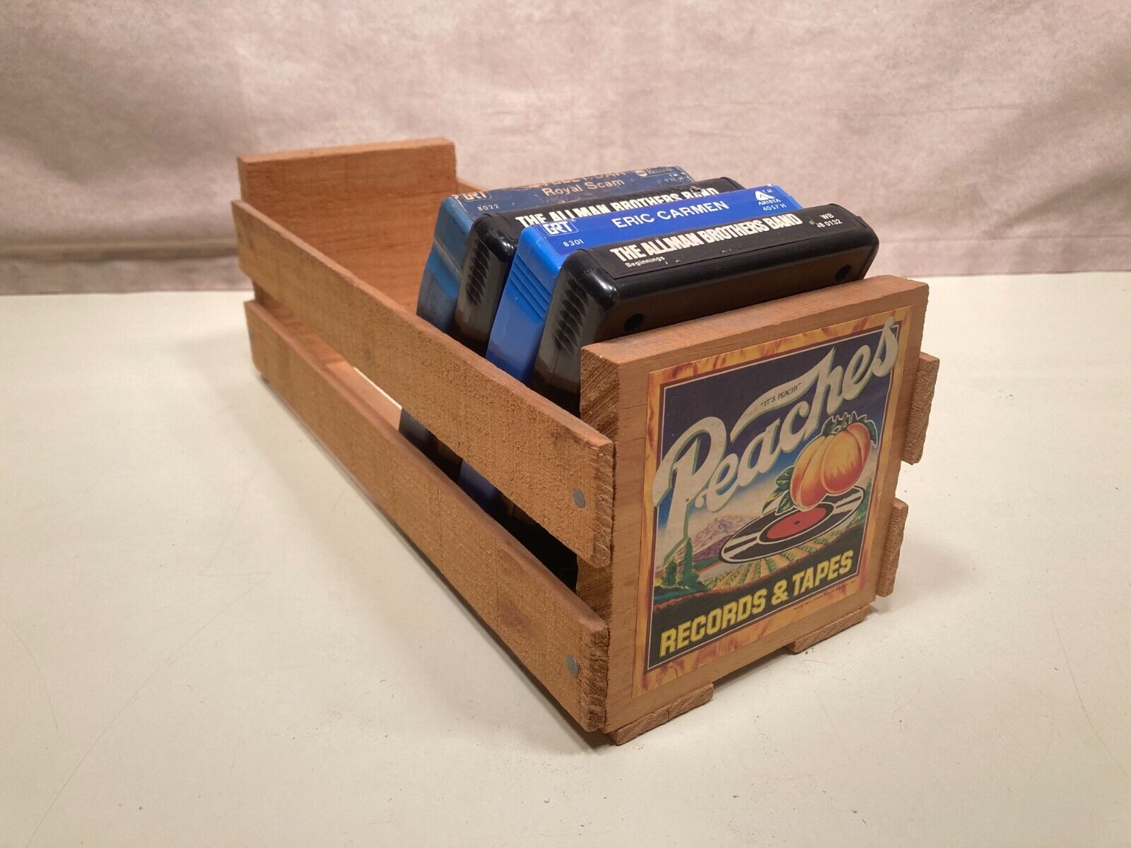 Vintage Peaches wooden 8-track storage crate (approx 13\