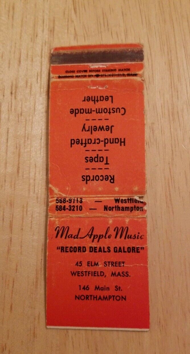 Old Matchbook cover Mad Apple Music Westfield Massachusetts Record Store Vinyl