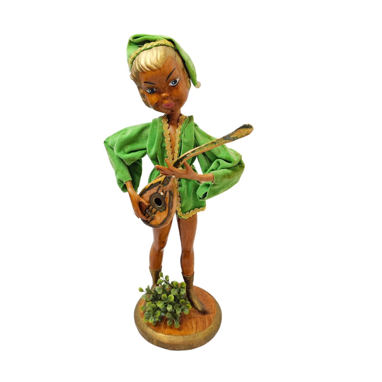 Pixie Elf Musician Guitar Lute 17 Inch Green Velvet Vintage Hong Kong Plastic