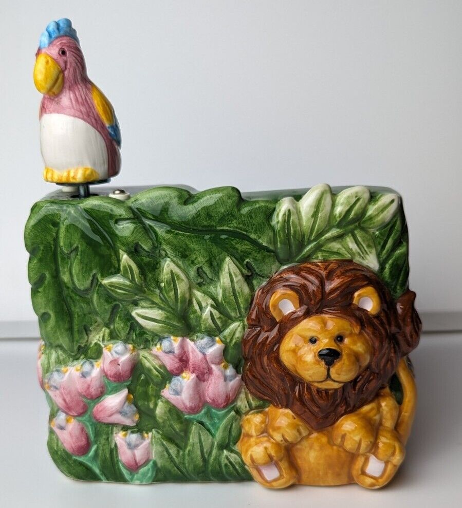 Vintage Napco Ceramic Planter Vase Music Box Safari Lion Bird Wind up Baby Room