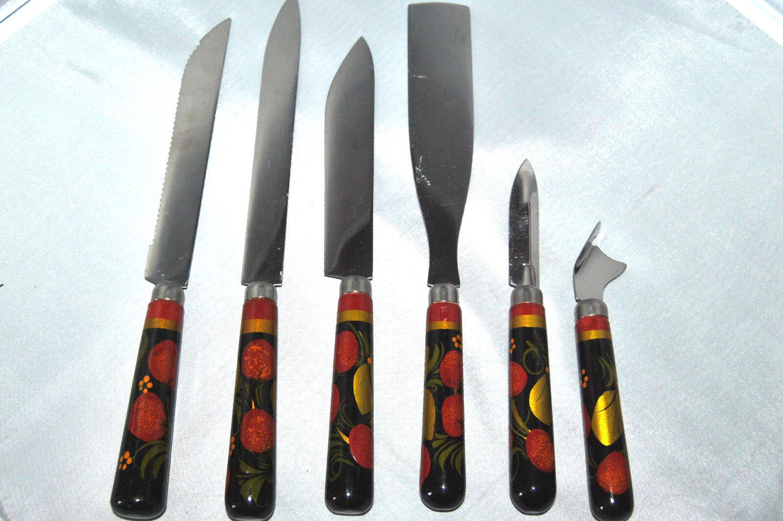 Vintage Russian Hand painted Kitchen Knifes Set Khokhloma Made in USSR in 1970s