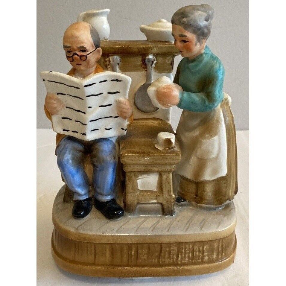 Vintage Ceramic Grandma & Grandpa Music Box, in Kitchen Reading Paper Turns