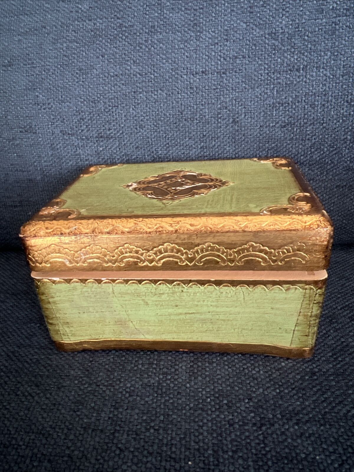 Vintage Wood Music Box Florentine Reuge Musical Movemet Switzerland Gold Green