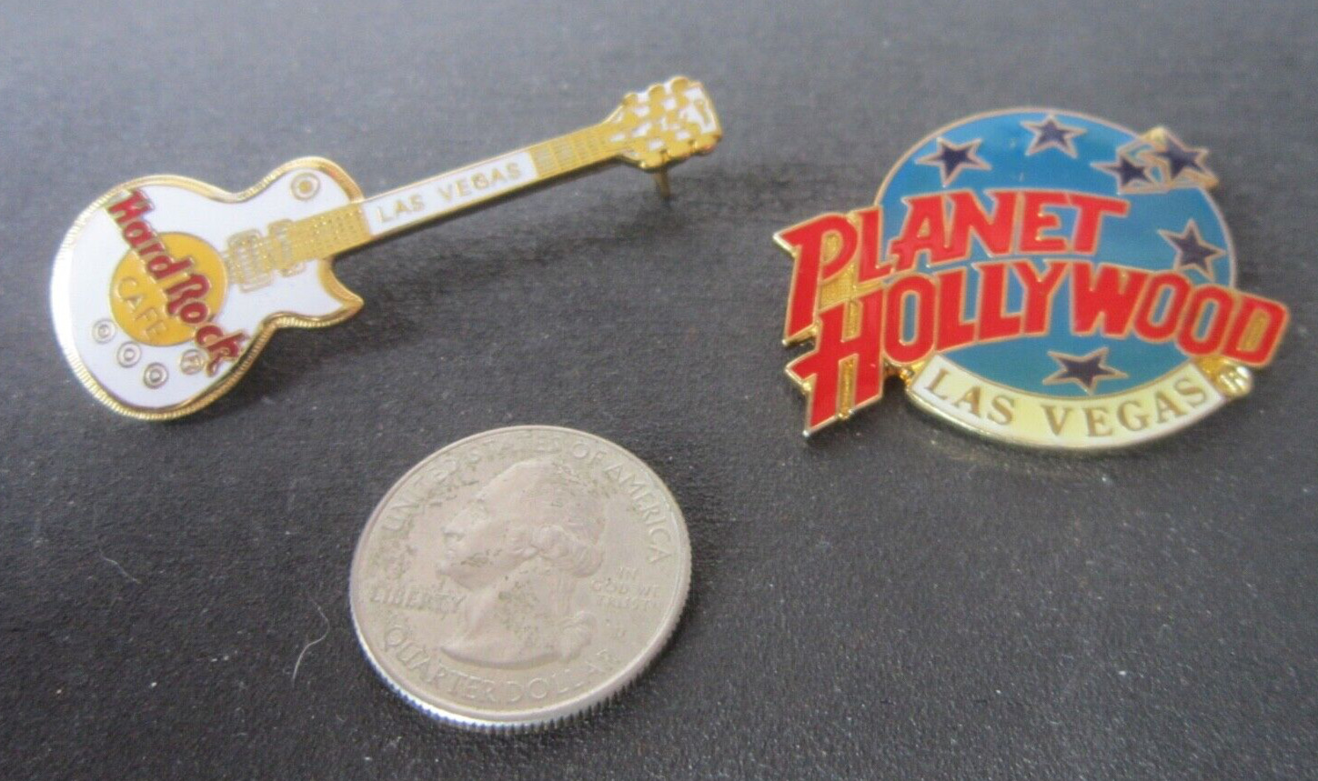 lot (2) VINTAGE LAS VEGAS PIN PINBACK Hard Rock Cafe guitar & Planet Hollywood
