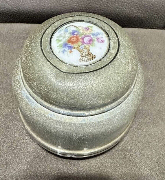 Vintage Music Box With Floral Picture, Powder Round