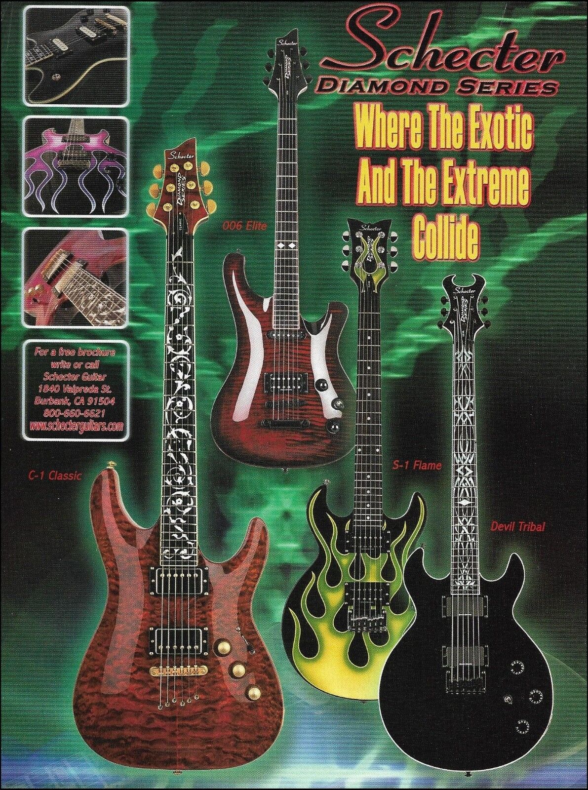 Schecter guitar C-1 Classic 006 Elite S-1 Flame Devil Tribal series ad print