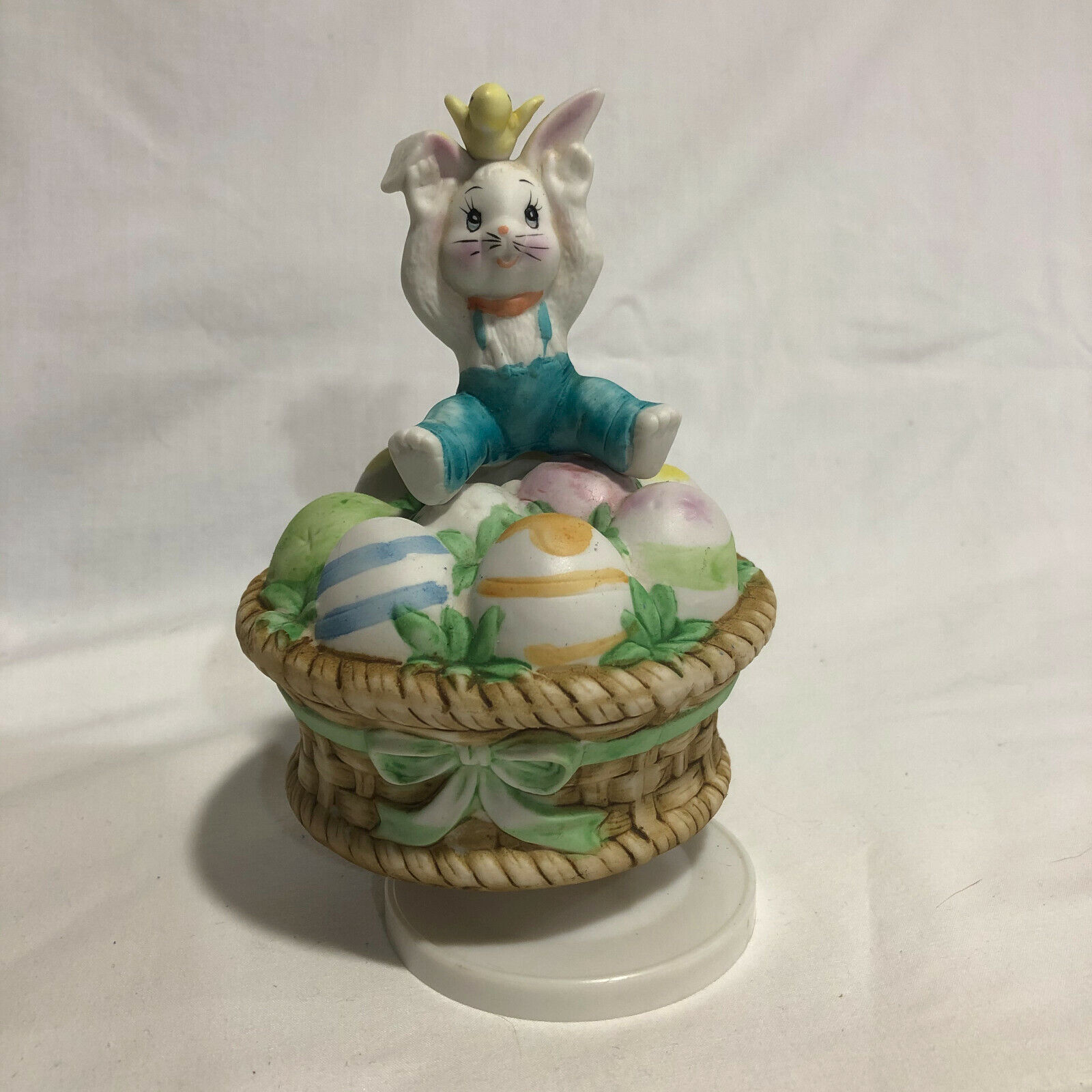 Vintage Brinn's Easter Rotating Music Box Porcelain-Bunny Sitting On Egg Basket