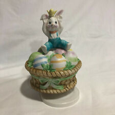 Vintage Brinn's Easter Rotating Music Box Porcelain-Bunny Sitting On Egg Basket picture