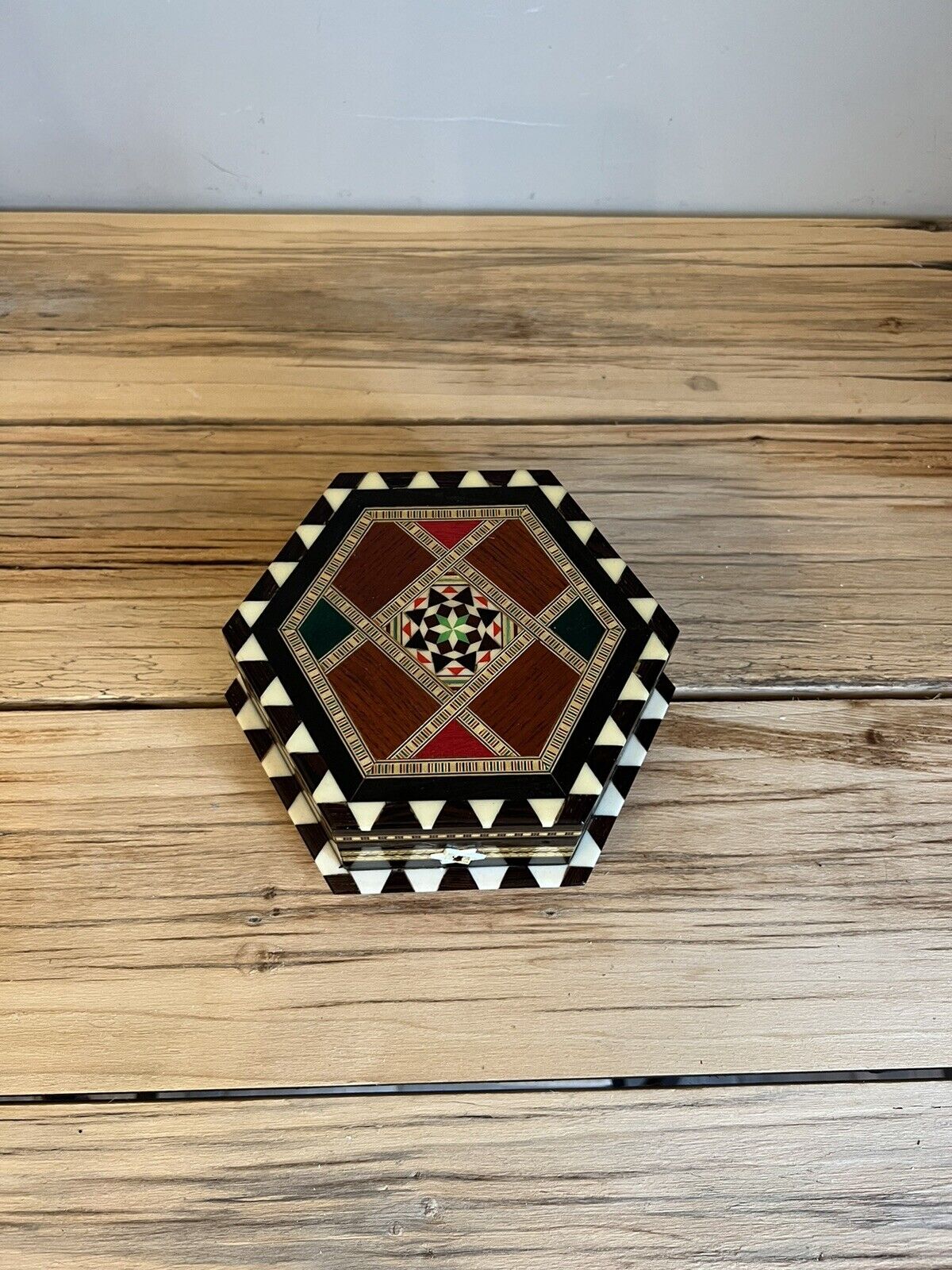 Vintage Hexagon Marquetry Lacquered Mosaic Wood Inlay Musical Jewelry Box