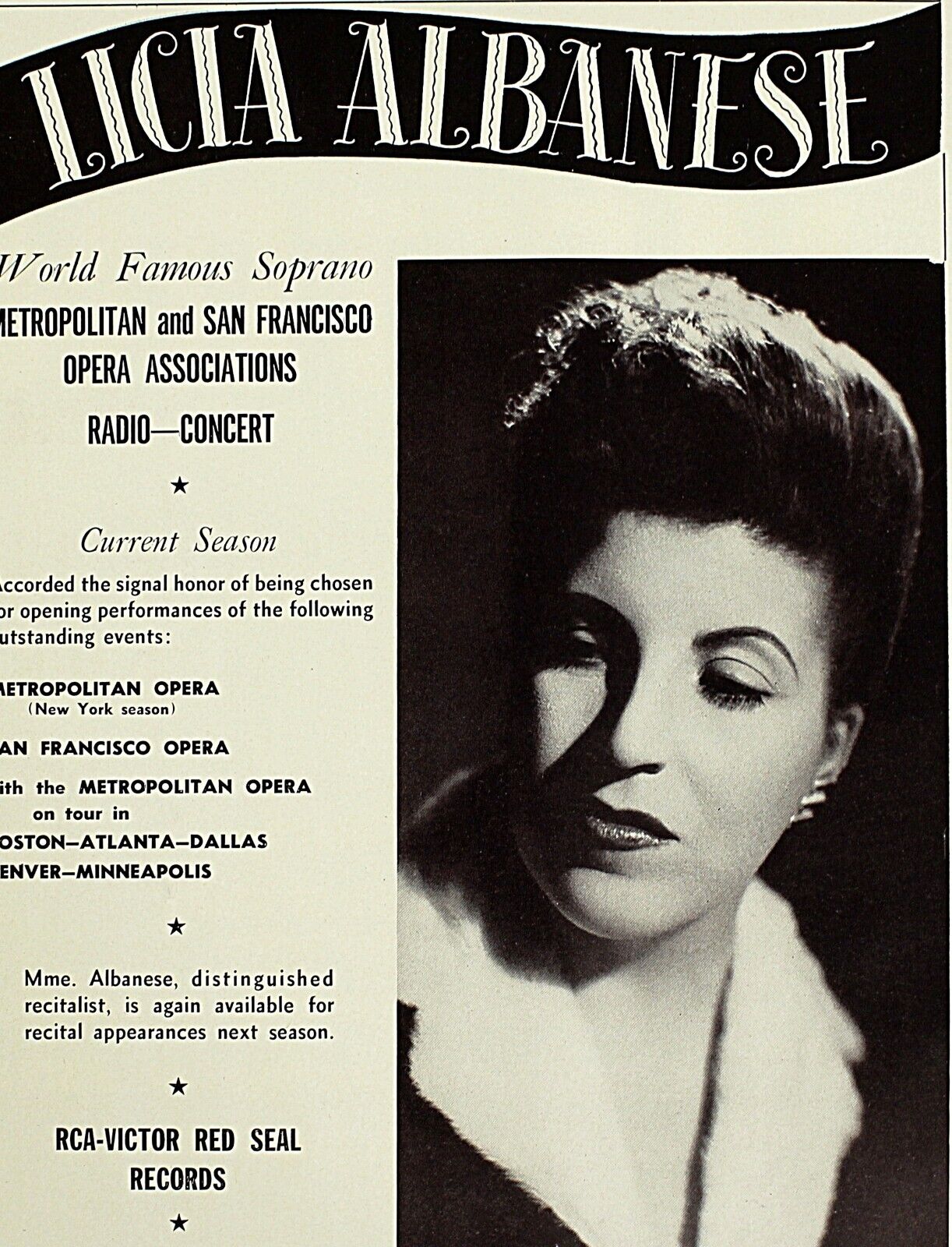 Vintage Music Print Ad LICIA ALBANESE Soprano 1949 Booking Ads 13 x 9 3/4
