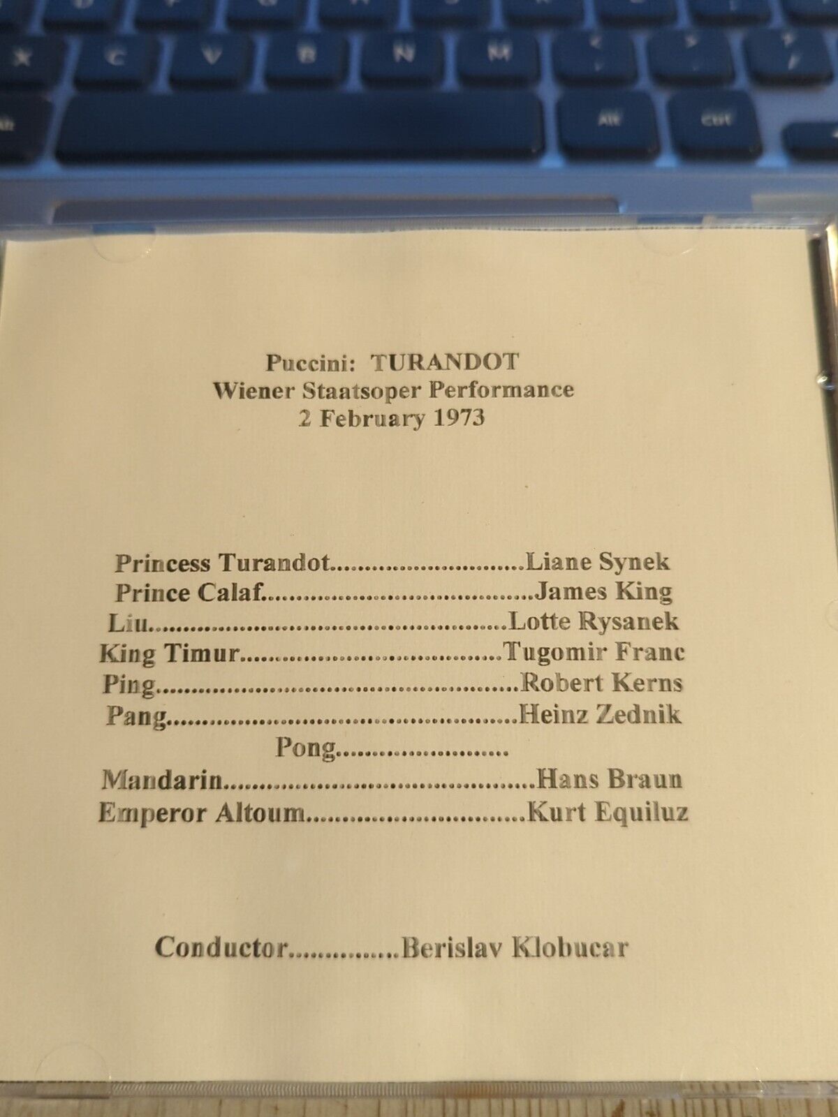 Live Opera Recording CD2131 Turandot Synek King Rysanek Frane Kerns Zednik 1973