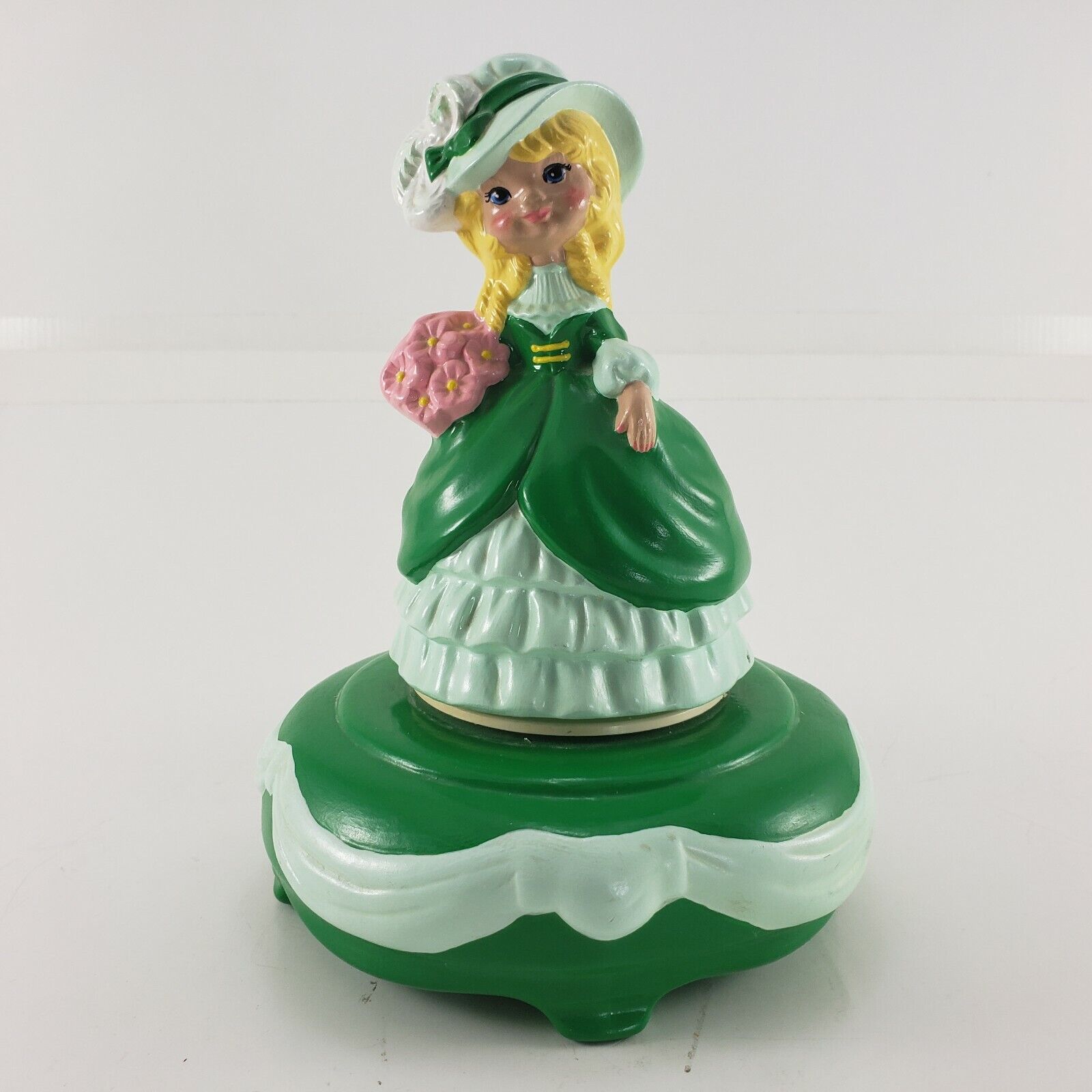 Ceramic Rotating Music Box Young Girl in Greens Plays It's A Small World Vintage