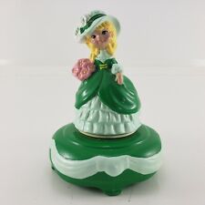 Ceramic Rotating Music Box Young Girl in Greens Plays It's A Small World Vintage picture