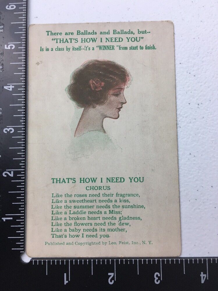 That’s How I Need You Leo Feist Post Card Vintage Music Doc30