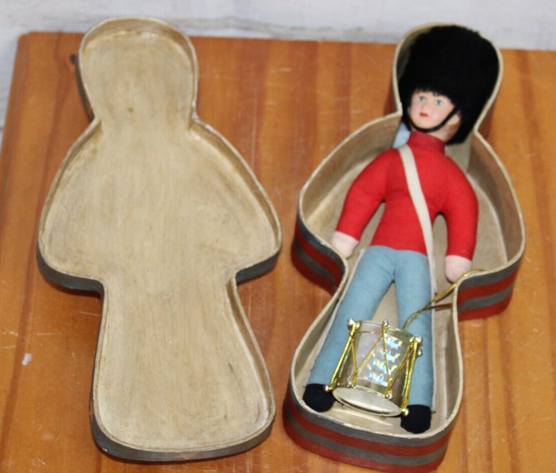 Vtg Royal Guard Plush Toy Soldier Hanging Ornament with drum in Paper Mache Box