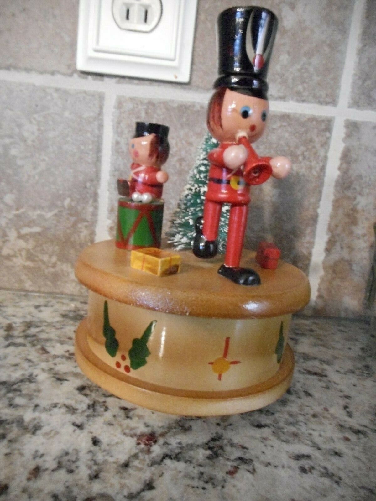 Vtg. Christmas Music Box Wooden Concepts Intl. Rotates plays It\'s a Small World