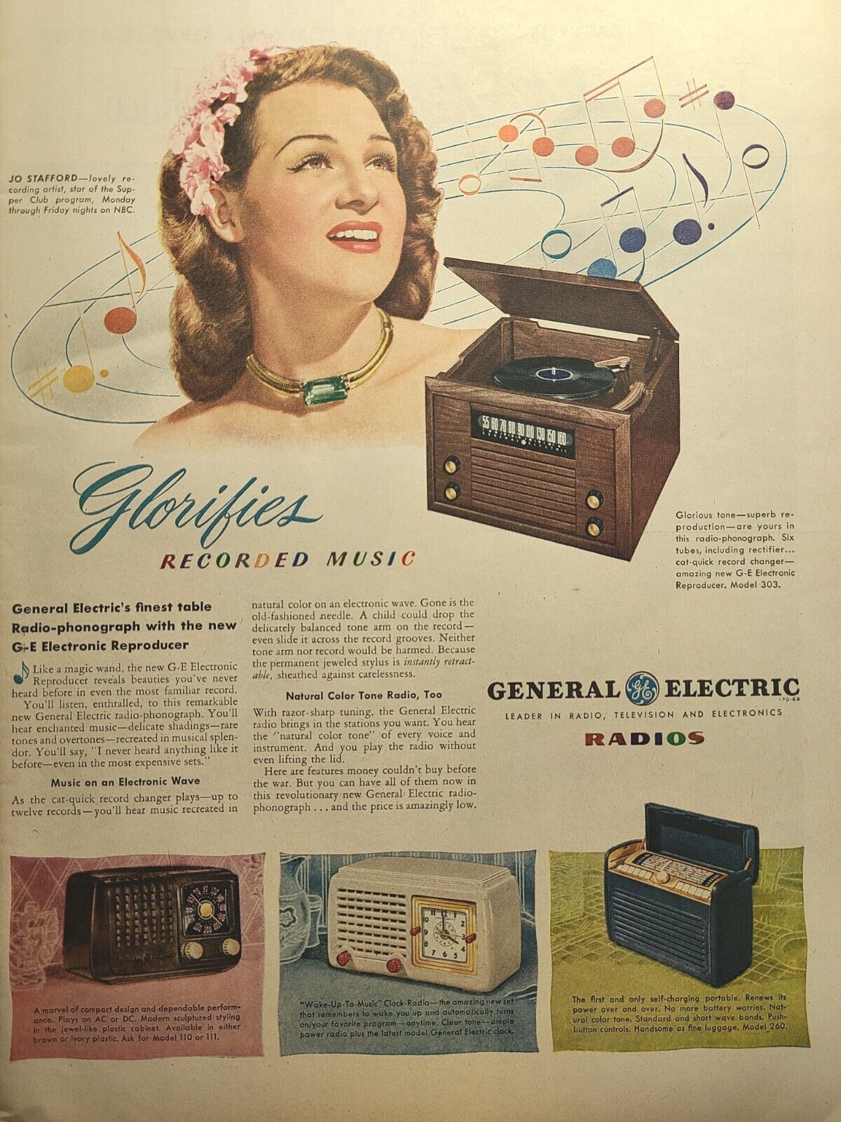 General Electric Radios Radio-Phonograph Music Jo Stafford Vintage Print Ad 1946