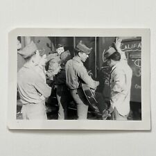 Vintage B&W Snapshot Photograph Military Army Men Playing Guitar picture